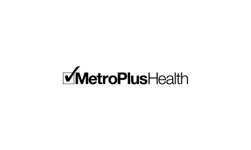 A black and white logo of metroplus health