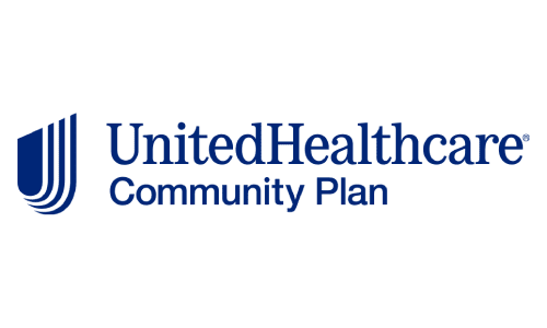 A green background with the words united health community plan in blue.